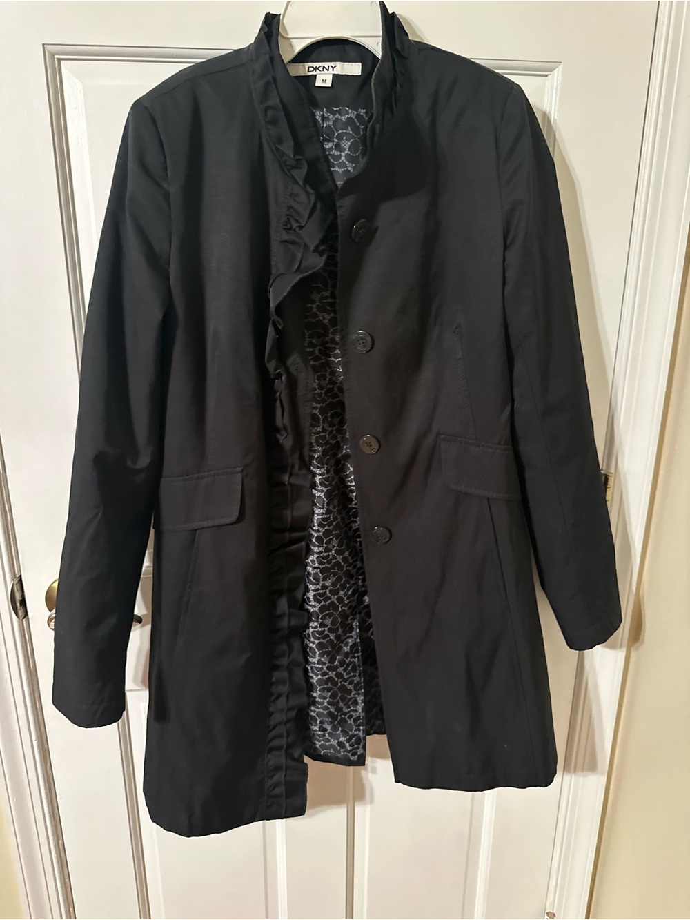DKNY Black Ruffle-Trim Trench Coat